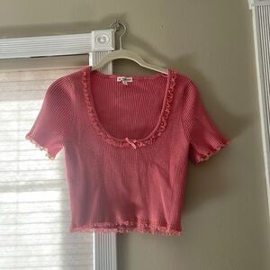 For Love and Lemons Cropped Ribbed Ruffled Trim Top